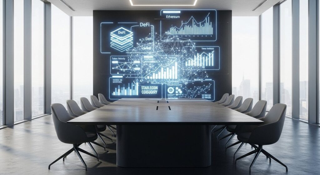 Executive boardroom showcasing blockchain travel rewards market analysis