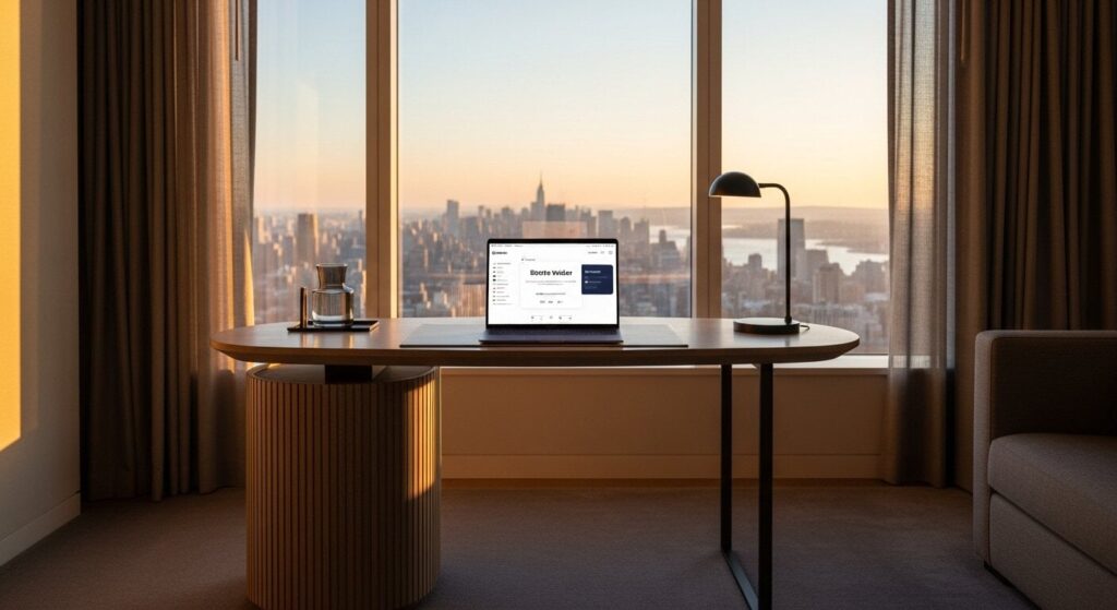 Luxury hotel suite showcasing blockchain travel rewards management interface