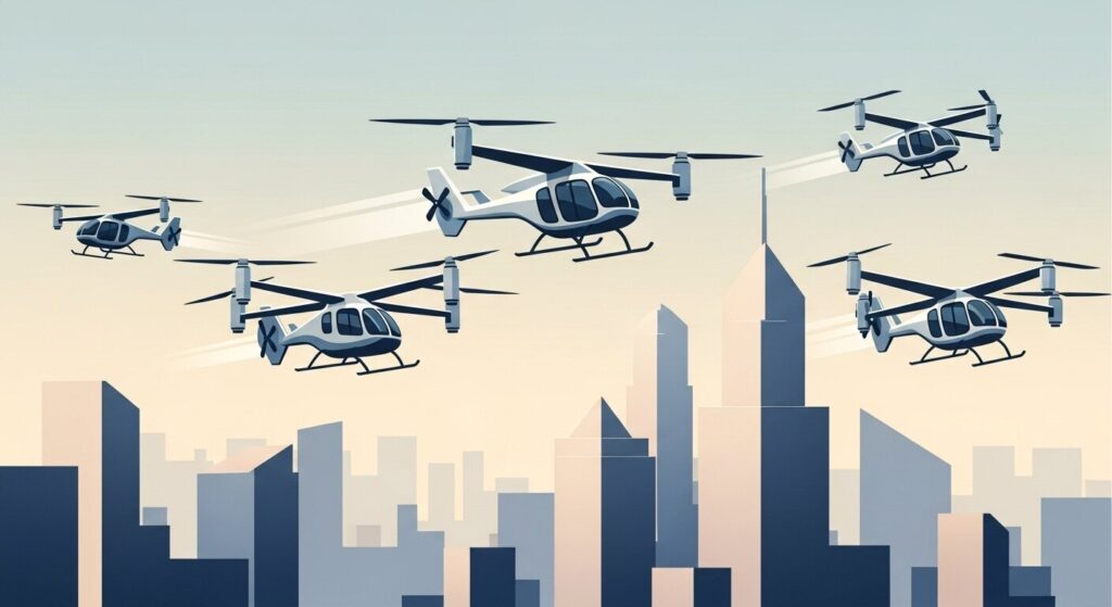 Revolutionizing electric helicopters from multiple manufacturers flying in futuristic city skyline showing urban air mobility future