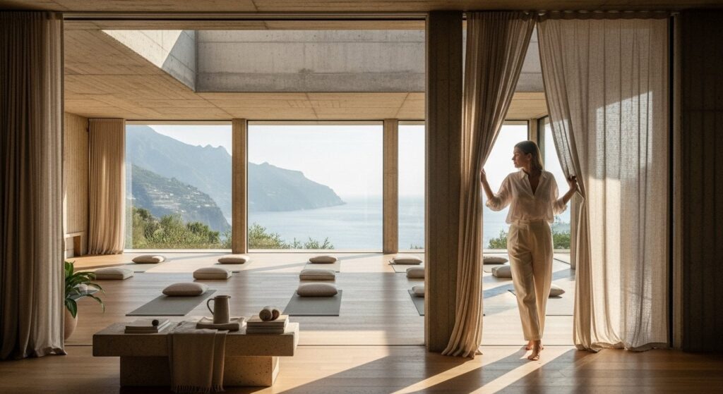 Private meditation space showing luxury lifestyle 2025 emphasis on mental wellness and mindfulness practice over material consumption 