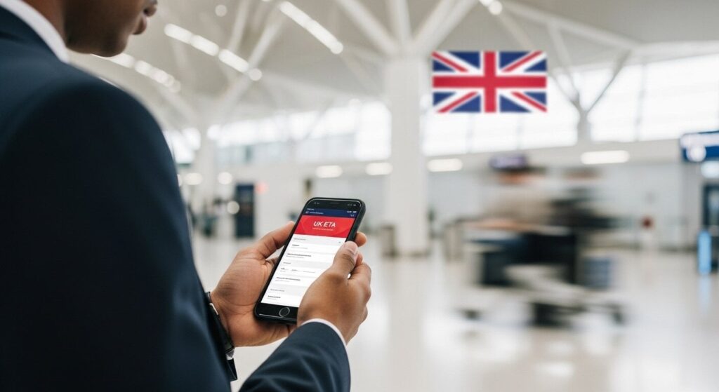 Mandatory Electronic Travel Authorisation ETA: Your Complete UK Guide 2025 21 Electronic Travel Authorisation mobile app being used by traveler at UK airport