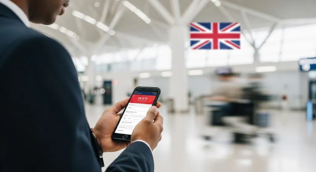 Electronic Travel Authorisation mobile app being used by traveler at UK airport