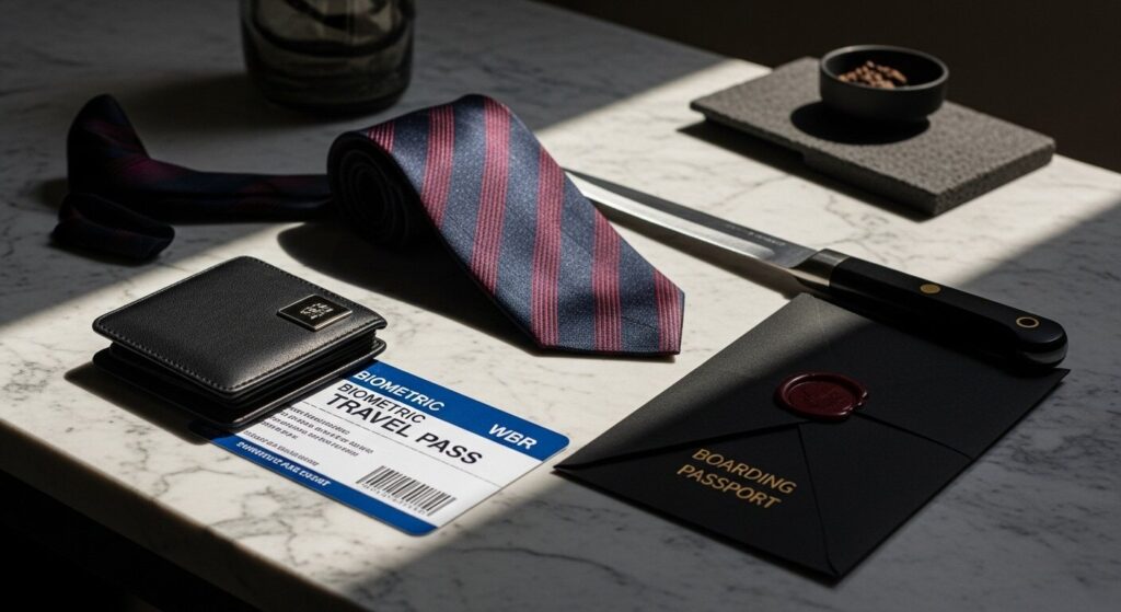 Luxury travel security essentials in editorial flatlay: Web3 cold wallet, encrypted passport, and moody textures.