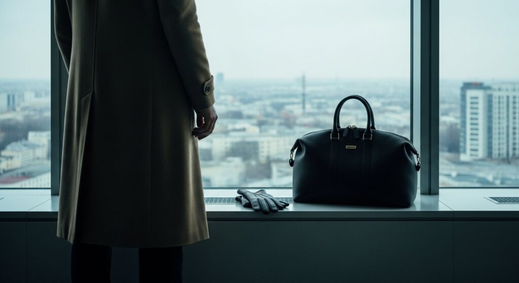 Luxury traveler overlooking blockchain-powered global travel system in fashion-forward, cinematic editorial scene.