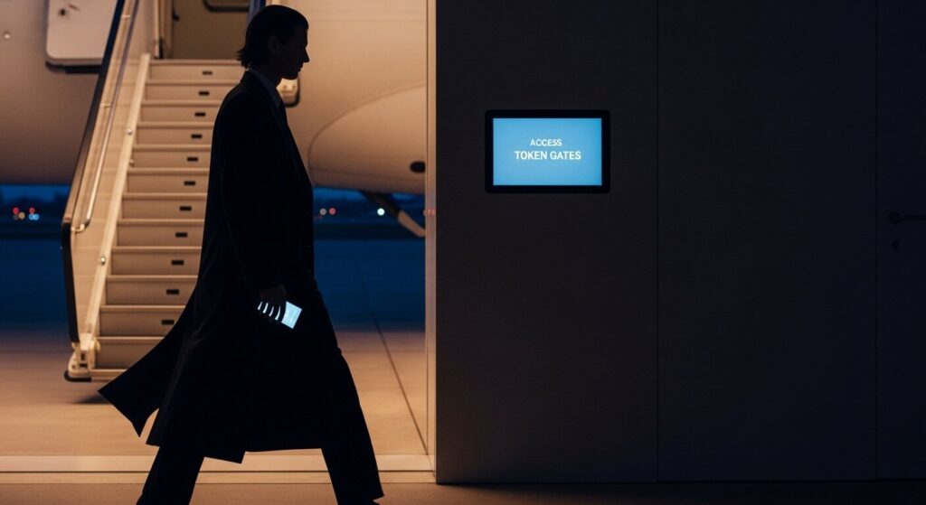 Editorial image of traveler using token-gated boarding pass in luxury private terminal, styled in runway minimalism.