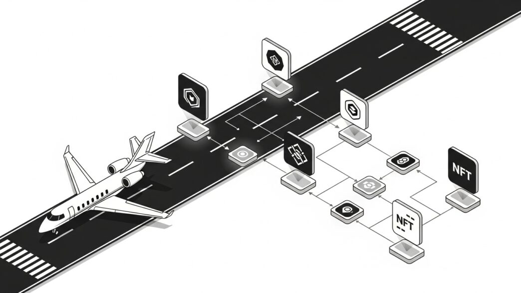 llustration of private aviation NFTs showing access and utility with blockchain tokens and luxury jet