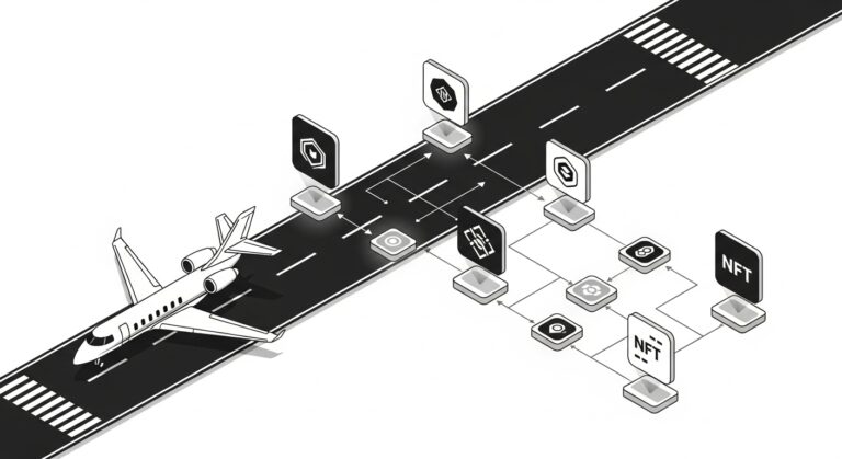 llustration of private aviation NFTs showing access and utility with blockchain tokens and luxury jet
