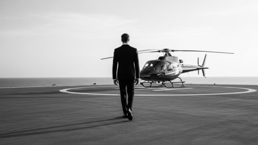 "Luxury travel singles over 40 – elegant man in black suit walking toward private helicopter on seaside helipad