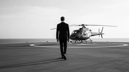 "Luxury travel singles over 40 – elegant man in black suit walking toward private helicopter on seaside helipad