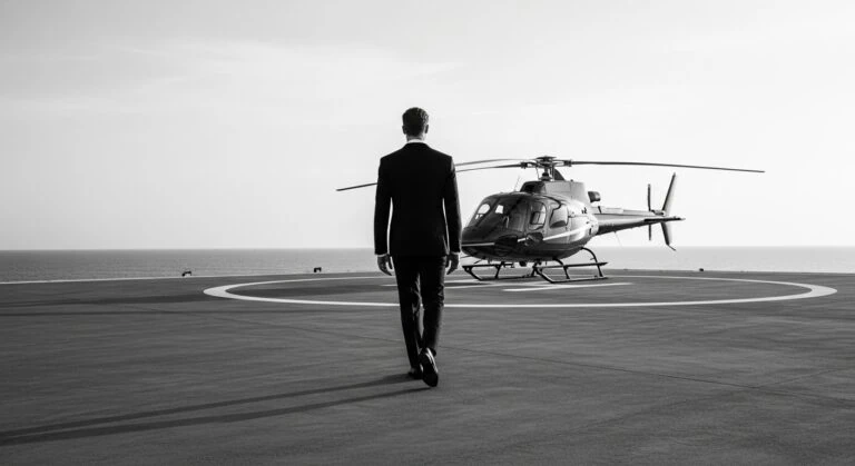 "Luxury travel singles over 40 – elegant man in black suit walking toward private helicopter on seaside helipad