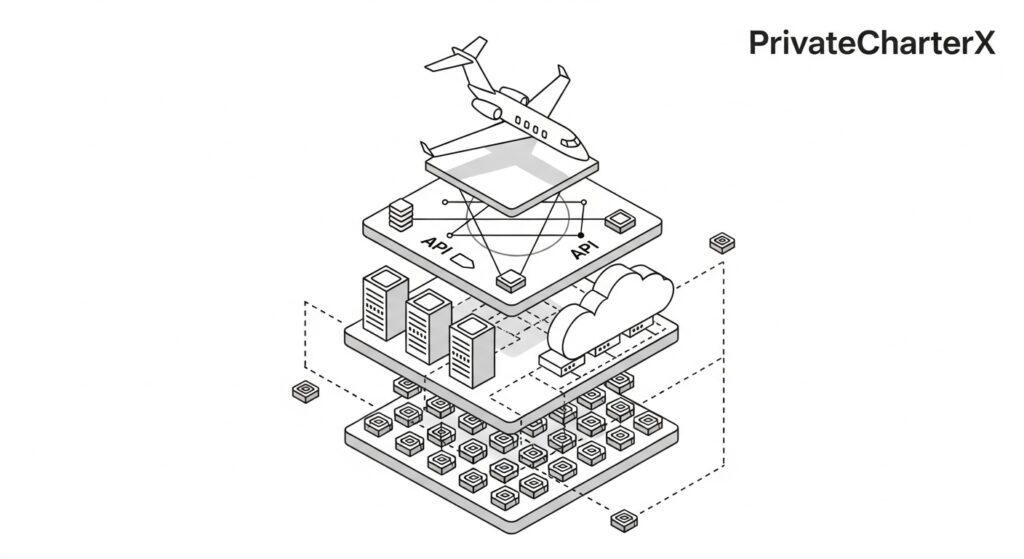 Private aviation NFTs - The next era of Access and utility 22 Illustration of PrivateCharterX technical architecture with blockchain layers, cloud servers, APIs, and private jet integration