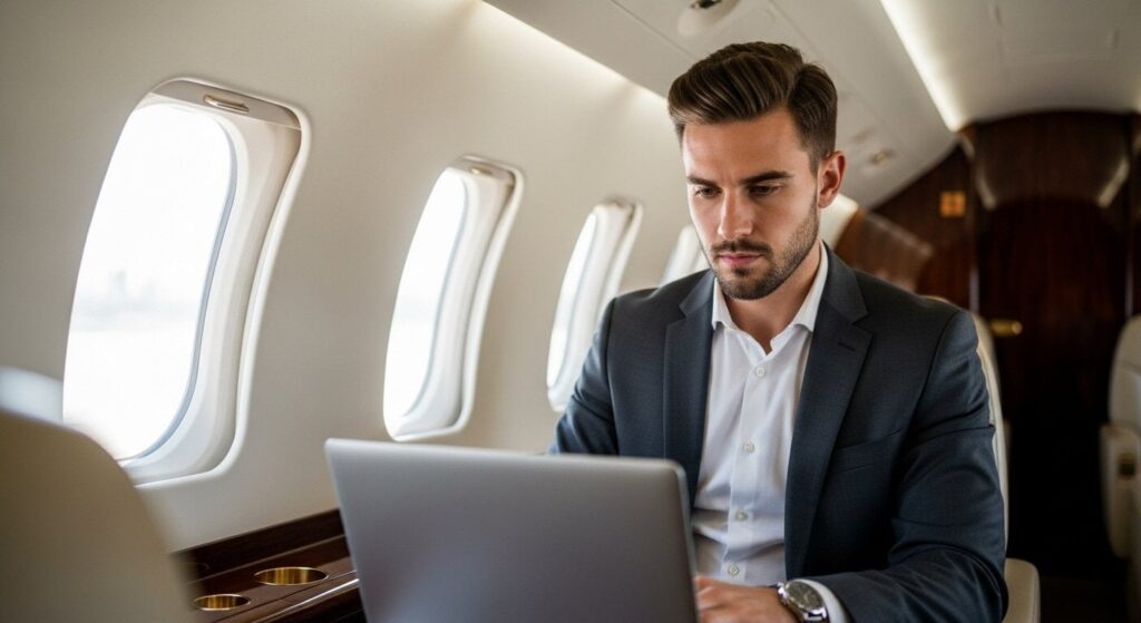Solo luxury travel over 40 in private jet cabin working on 