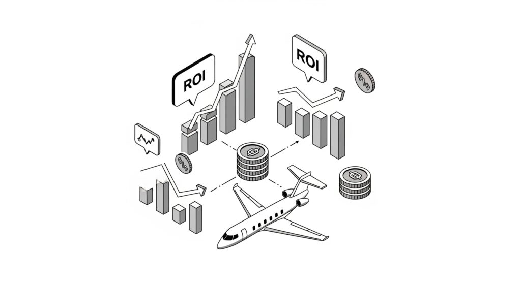 Private aviation NFTs - The next era of Access and utility 23 Illustration of economic analysis showing ROI and value creation for private jet NFTs with blockchain tokens and financial charts