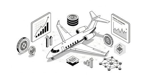 Illustration of Web3 economic revolution in private aviation with blockchain tokens, financial charts, and luxury jet 2025