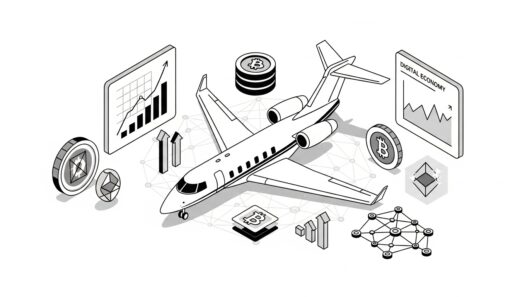 Illustration of Web3 economic revolution in private aviation with blockchain tokens, financial charts, and luxury jet 2025