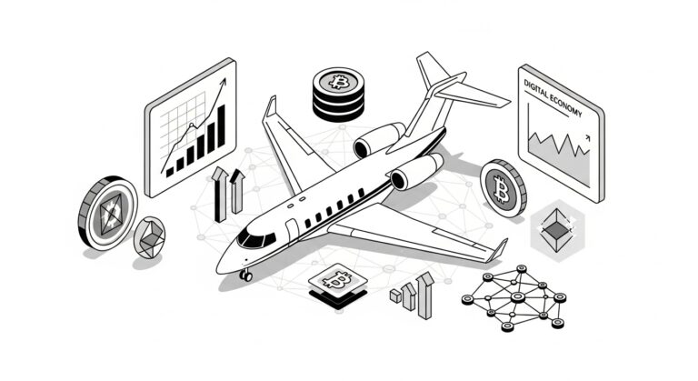 Illustration of Web3 economic revolution in private aviation with blockchain tokens, financial charts, and luxury jet 2025