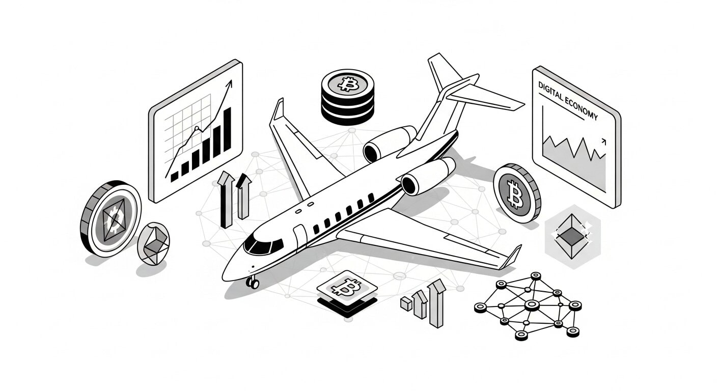 Illustration of Web3 economic revolution in private aviation with blockchain tokens, financial charts, and luxury jet 2025