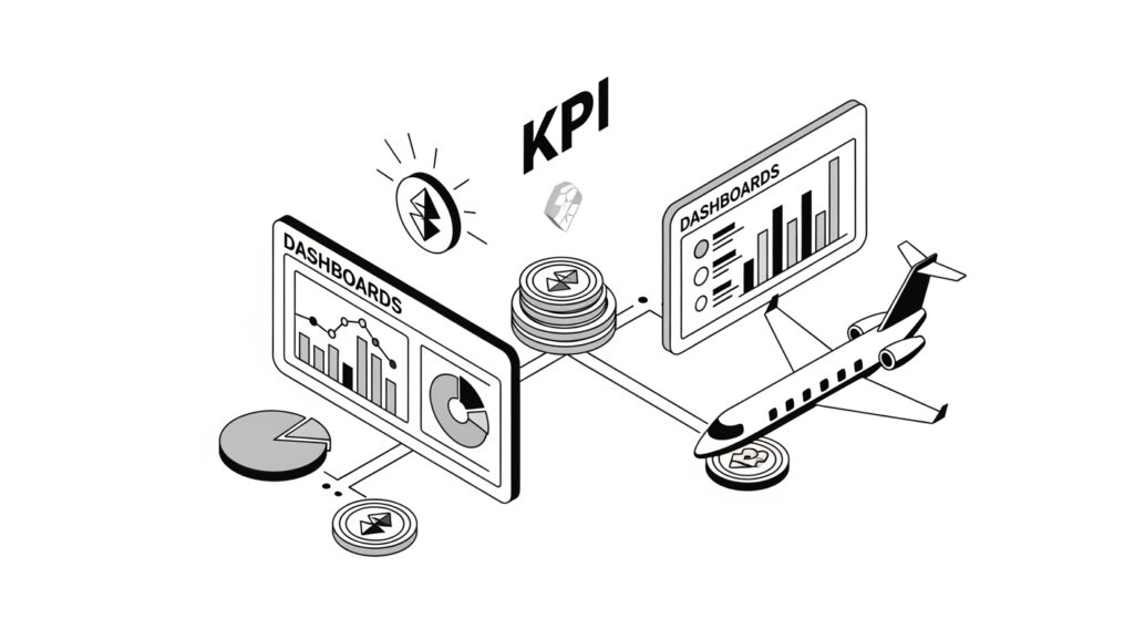 Private Aviation Web3: The Economic Revolution Transforming Luxury Travel in 2025 24 Illustration of measuring success with KPI dashboards, charts, blockchain tokens, and private aviation
