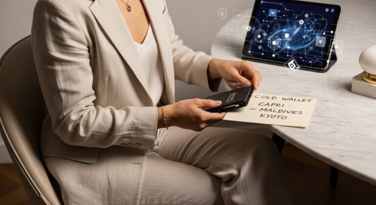 Luxury travel advisor in editorial scene reviewing crypto-native itinerary with blockchain interface and elegant styling.Luxury Travel Advisor Web3