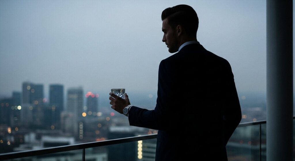 Luxury travel singles over 40 enjoying private terrace with champagne at sunset