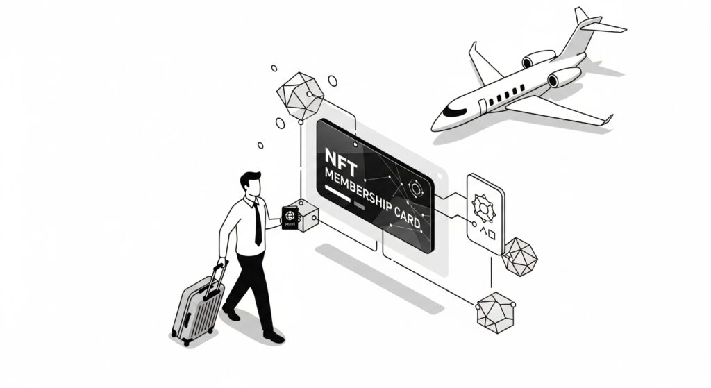 Fly Like a VIP: Your Ticket to a Free Private Jet Flight is an NFT Membership 21 Illustration of smart traveler using NFT membership for luxury travel with blockchain network and private jet