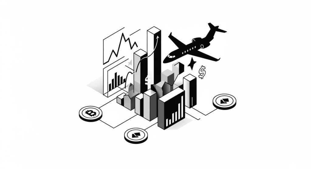 Private aviation NFTs - The next era of Access and utility 21 Illustration of market dynamics showing private jet NFT adoption with blockchain tokens and growth charts