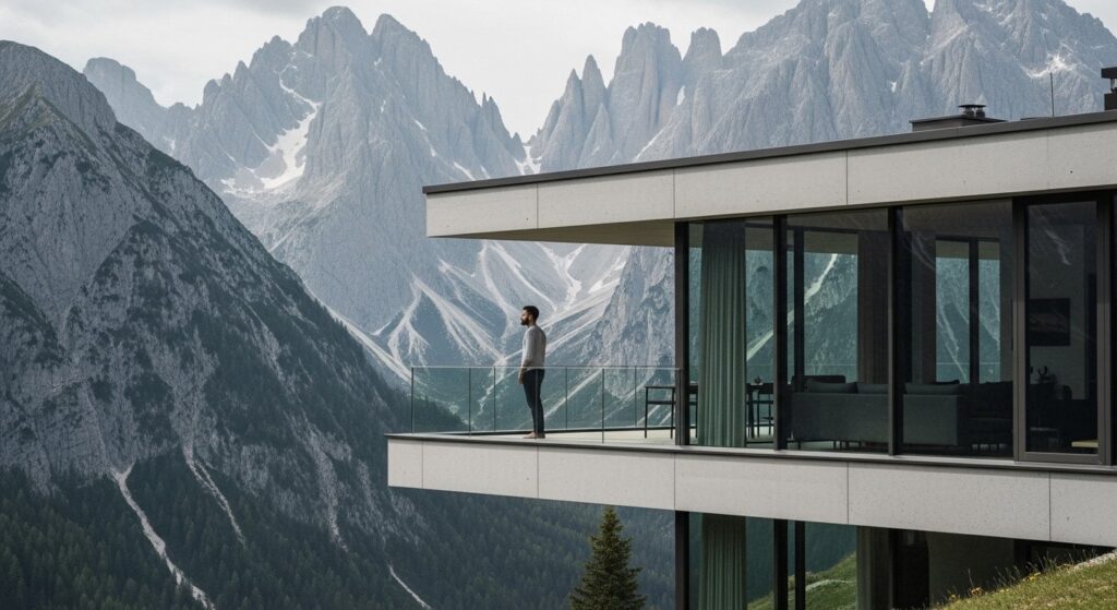 Luxury solo vacation at mountain resort with panoramic alpine views