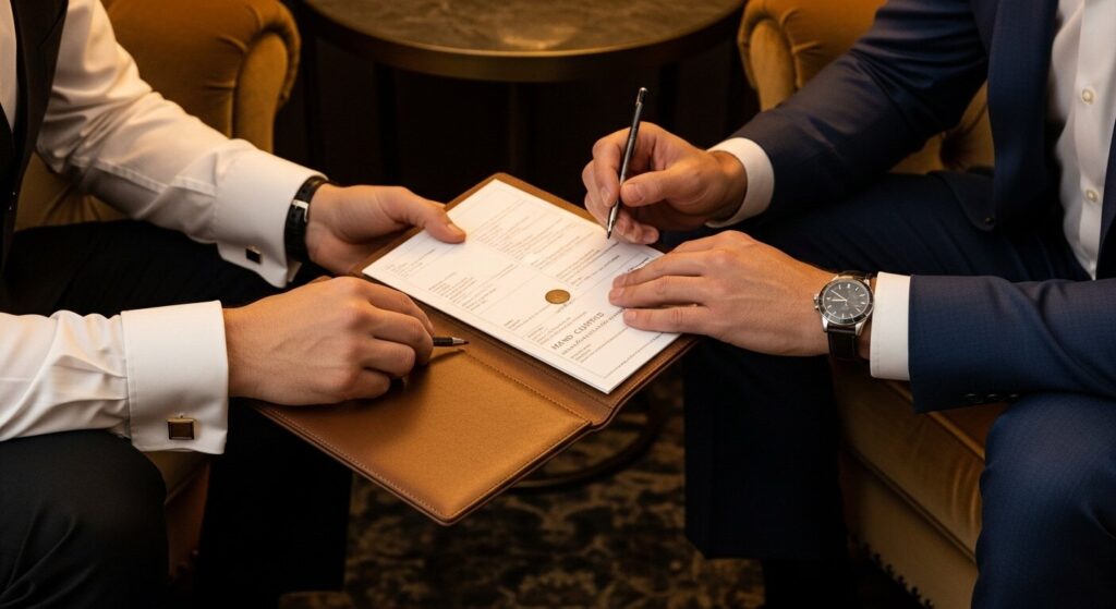 Luxury travel advisor consulting Web3 client in fashion editorial style, with tactile itinerary and luxury styling.