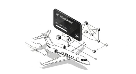 Illustration of NFT membership card unlocking free private jet flight with blockchain network