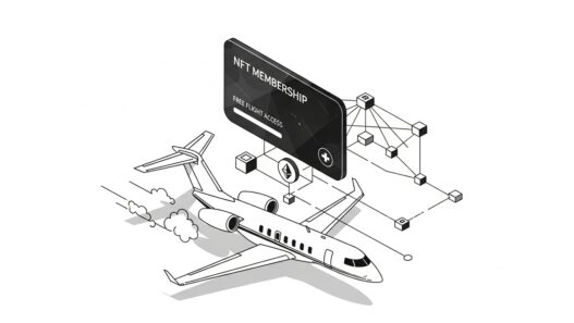 Illustration of NFT membership card unlocking free private jet flight with blockchain network