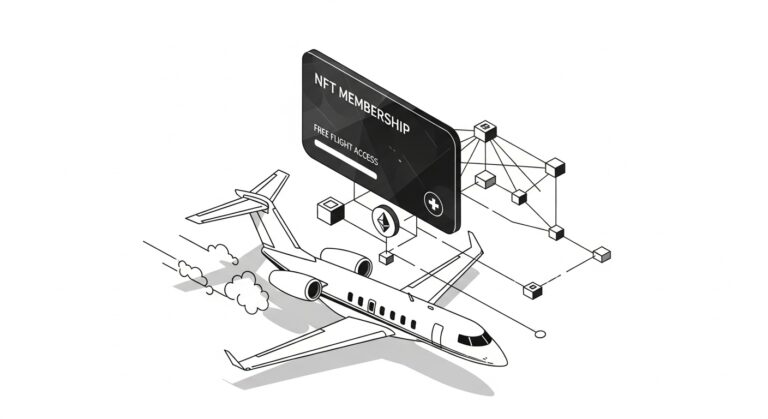 Illustration of NFT membership card unlocking free private jet flight with blockchain network