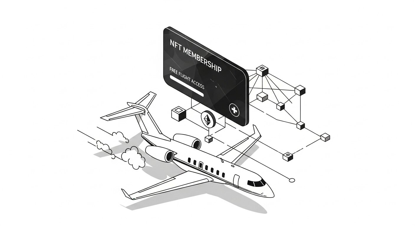 Illustration of NFT membership card unlocking free private jet flight with blockchain network