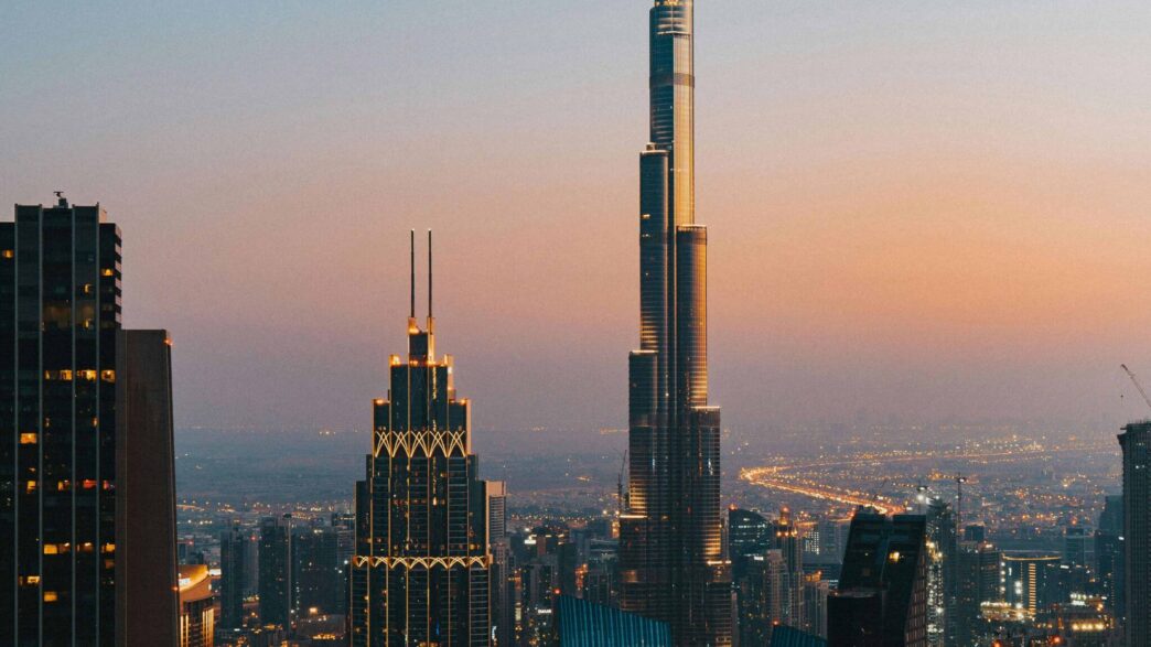 Private jet to Dubai with skyline view of Burj Khalifa
