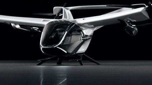 eVTOL launches August 2025 sleek aircraft flying over city skyline at sunse