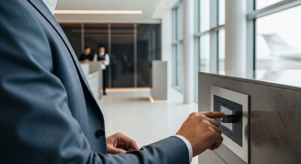 YubiKey physical security token being used for secure authentication at luxury terminal