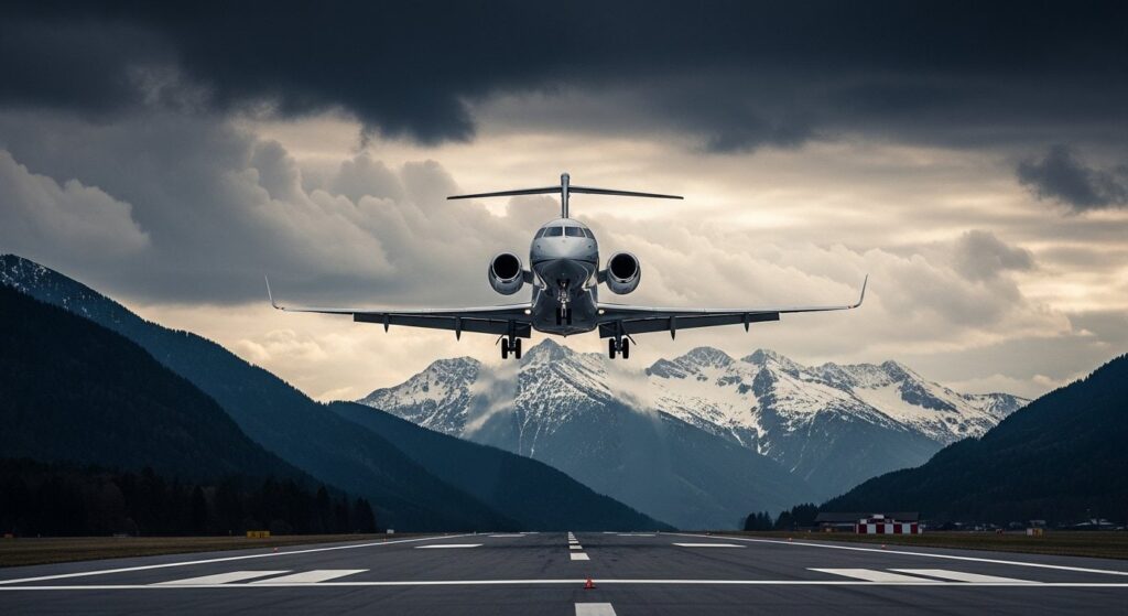 Private jet executing breathtaking airport landings through Austrian Alps with precision approach systems
