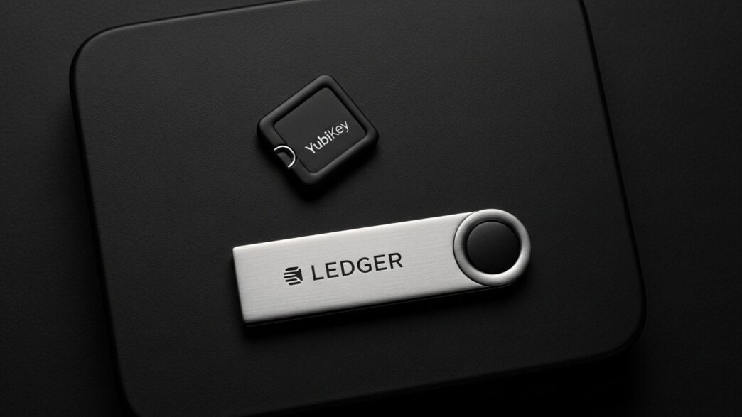 YubiKey and Ledger wallet next to a Web3 wallet interface, showing layered digital and physical access methods