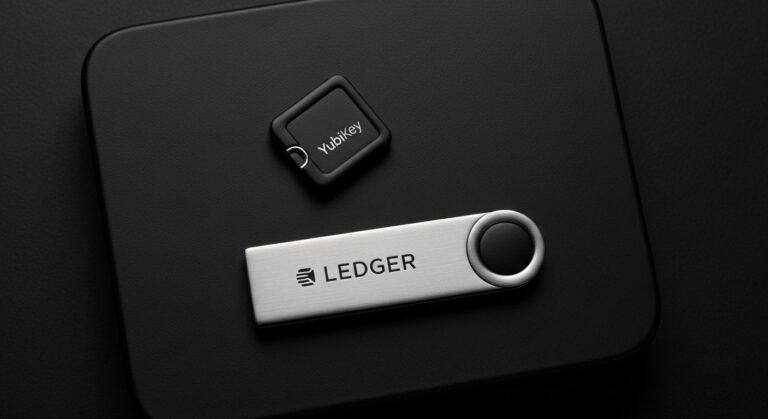 YubiKey and Ledger wallet next to a Web3 wallet interface, showing layered digital and physical access methods
