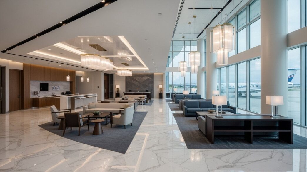 private terminal FBO expansion elite travel 2025 luxury interior with marble lobbies and premium amenities