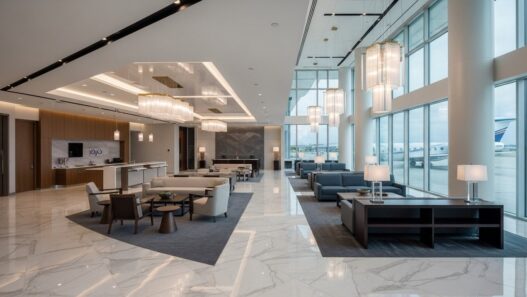 private terminal FBO expansion elite travel 2025 luxury interior with marble lobbies and premium amenities