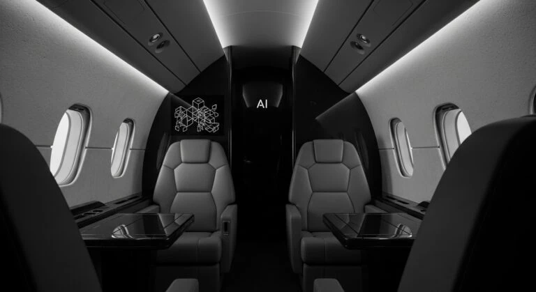 AI concierge private jets featuring precision technology interface in ultra-luxury cabin environment