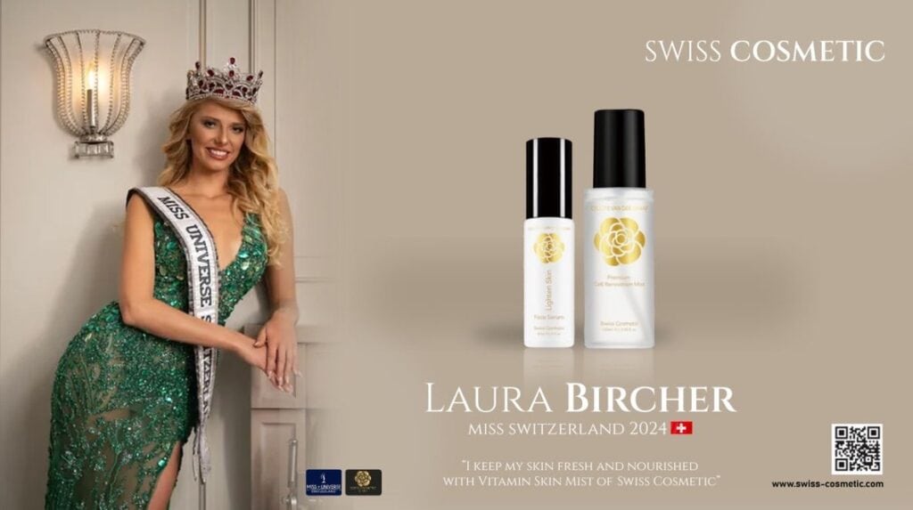 Miss Switzerland 2024 Laura Bircher endorsing Swiss Cosmetic Vitamin Skin Mist products in elegant studio photography