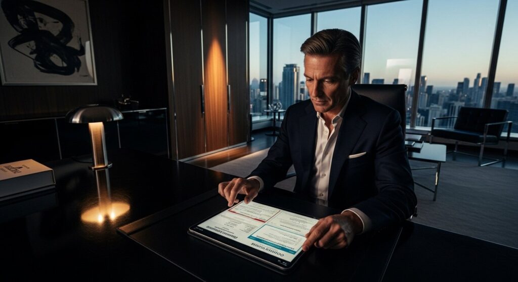 Charter client reviewing super-midsize jet insurance operator compliance verification documents