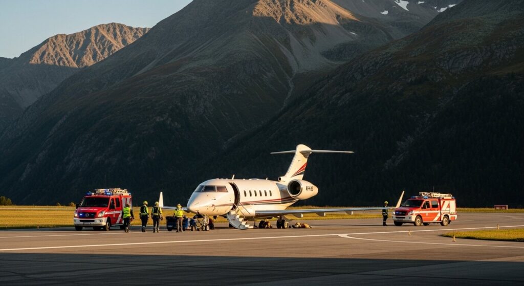 Super-midsize jet emergency response insurance claims Swiss Alps aviation coverage