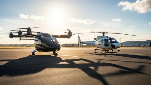 eVTOL vs helicopter side by side comparison on airport tarmac 2025