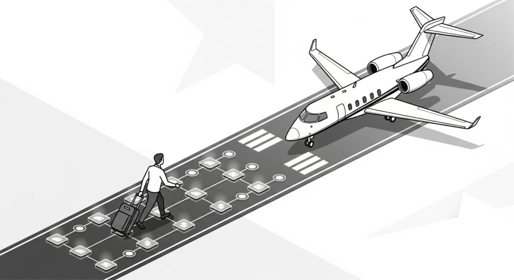 PrivateCharterX getting started journey with traveler, blockchain runway, and private jet access