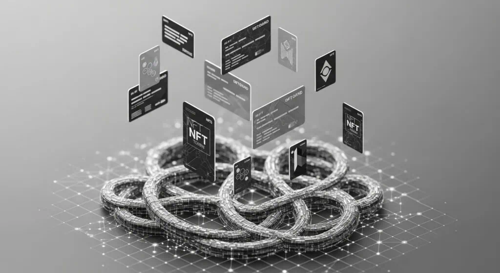 Illustration of NFT health insurance policies as blockchain-based digital coverage cards