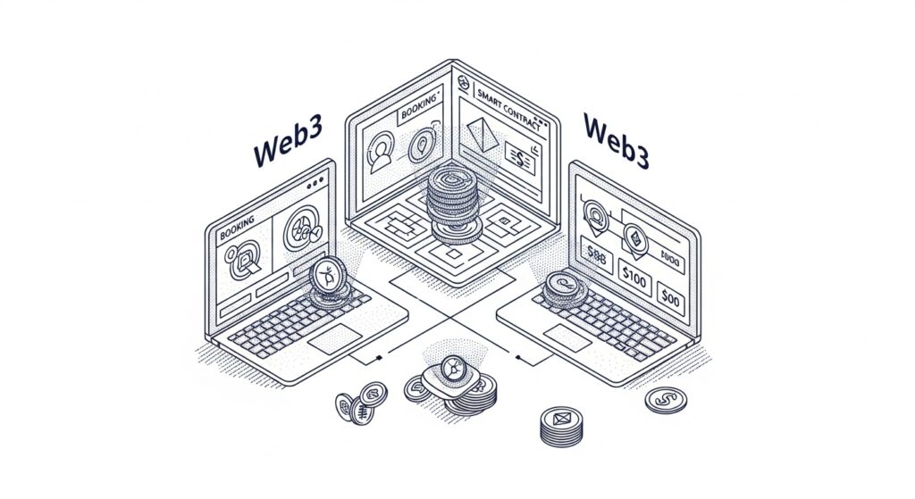 Web3 luxury travel transformation showing decentralized booking platform interface with smart contracts, peer-to-peer exchanges, and transparent pricing for private aviation services