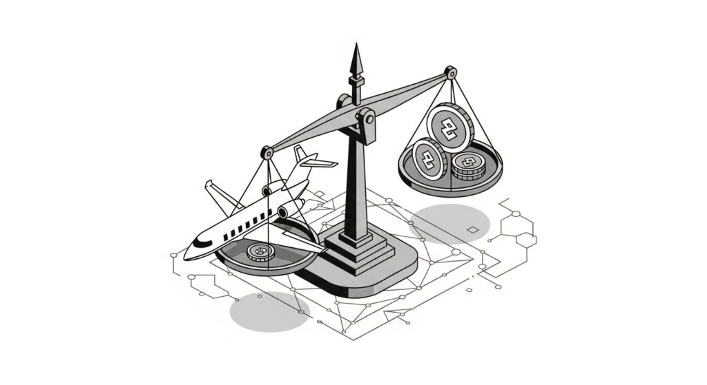 PrivateCharterX economics showing why the model works for everyone with balanced scales, blockchain tokens, and private jet