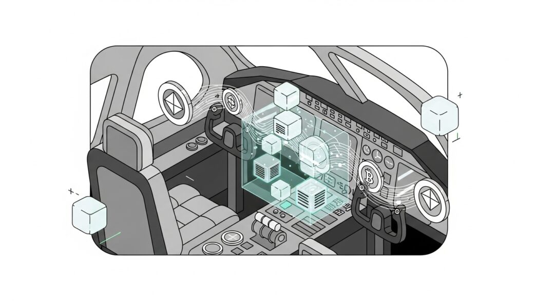 Blockchain luxury travel technology showing private jet and smart contract interface